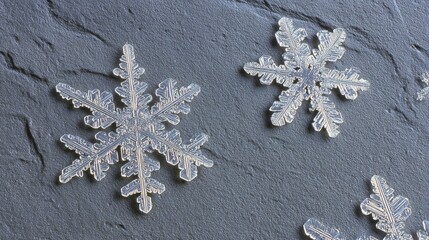 Close-up of two translucent snowflake ornaments arranged on a textured gray surface.  The snowflakes are detailed and delicate, contrasting against the rough backdrop