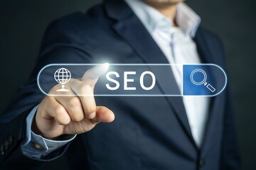 Businessman s finger touching a digital screen displaying the word seo and a magnifying glass icon