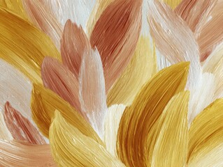 An abstract painting with impasto texture, featuring a blend of warm gold, peach, and off-white hues in petal-like shapes, creating a lush and vibrant floral impression