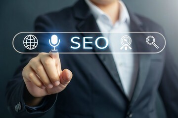 Business professional touching a digital search bar displaying seo and icons for global search and analytics