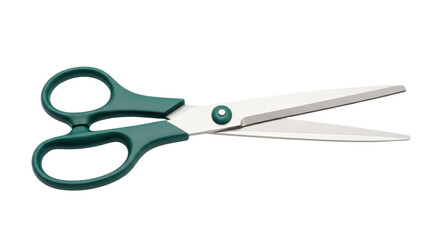 Isolated scissors with green handles, craft or office tool for cutting paper, fabric, etc.
