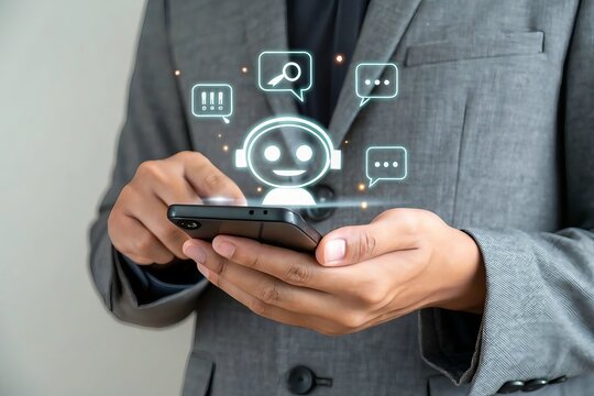 Business professional using smartphone with ai chatbot interface and communication icons for customer service