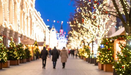 Blurred Christmas market street scene at night