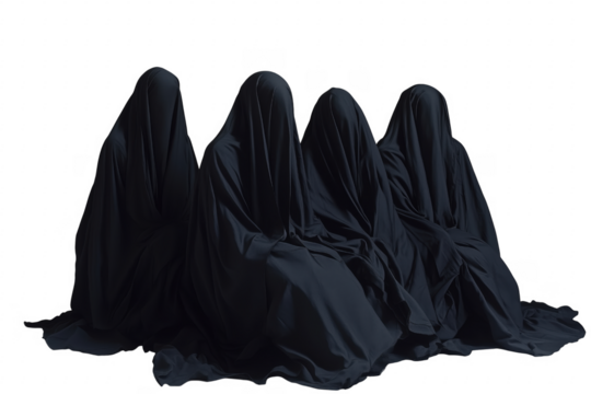 Mysterious figures draped in dark fabric sitting shrouded in the starkest of darkness transparent