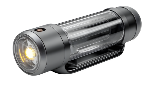 Sleek modern flashlight with bright LED illumination and durable metallic casing ready for any adventure or emergency situation