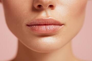 Obraz premium Close up front view of natural woman lips with soft glossy texture, healthy beauty detail and skincare concept on pastel background