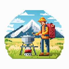 A retro 8-bit pixel art scene showing a backpacker on a solo hiking adventure, cooking on a portable stove with a scenic mountain view