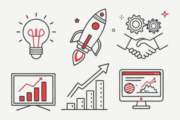 Handdrawn Business Startup Icons Set with Red Accents Representing Innovation Growth and Teamwork.