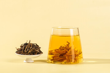 Premium Green Tea Leaves and Brewed Cup - Traditional Chinese Longjing Tea Preparation