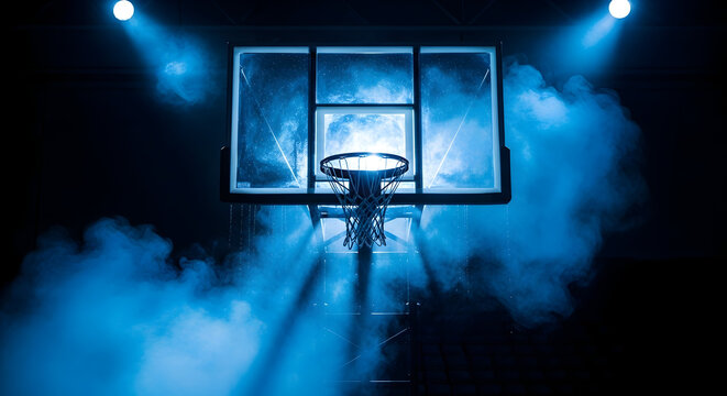 Dramatic Blue Lighting And Smoke Creating An Intense Atmosphere With A Basketball Hoop In The Night Court Setting For Sports Imagery