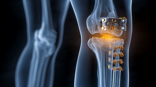 Knee replacement surgery x ray image total knee arthroplasty implant osteoarthritis joint pain medical illustration