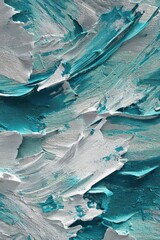 An abstract painting featuring teal and white paint in thick, textured strokes, creating a dynamic and swirling composition