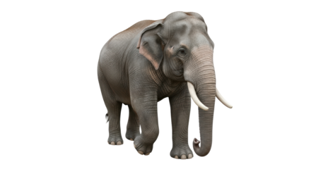 Isolated Asian elephant standing, majestic herbivore with tusks on the front legs, wildlife