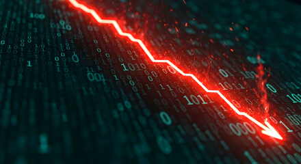 Dynamic Red Arrow Illustrating Downward Trend Over Binary Data Visual, Highlighting Information Decline In Technology-Driven Analysis