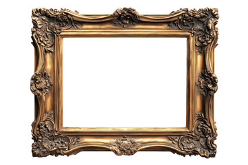 Ornate gold frame with elaborate carvings against a deep transparent background for creative concepts