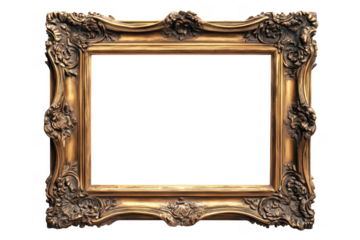 Ornate gold frame with elaborate carvings against a deep transparent background for creative concepts