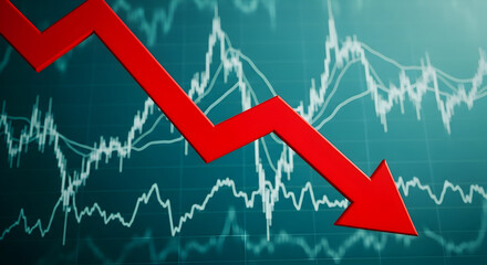 Significant Decline in Financial Markets Represented by Downward Trending Red Arrow on Digital Stock Graph with Clear Data Analysis