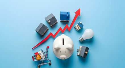 Visual Representation Of Financial Growth With Piggy Bank, Houses, And Arrow Graph Illustrating Investment Success And Future Savings Strategy
