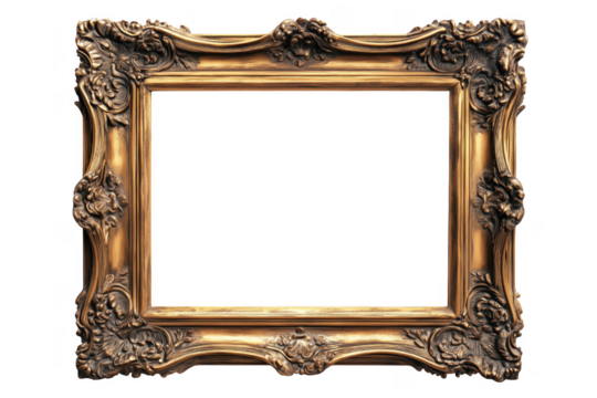 Ornate gold frame with elaborate carvings against a deep transparent background for creative concepts