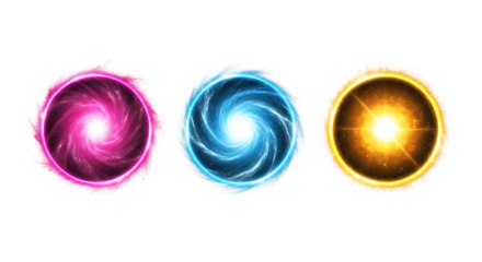 A vibrant collection of three magical orbs, each swirling with unique energy and color, isolated on transparent background the left orb pulses with pink and magenta hues, the center radiates cool blue