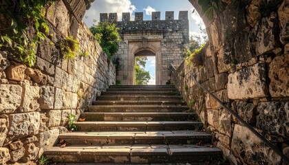 Ancient Stone Stairway Leading to a Weathered Castle Under a Cloudy Blue Sky with Vines and Sunlight