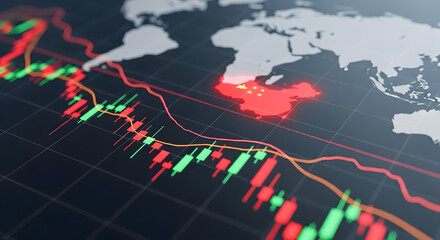 Global Financial Market Analysis Plotting Investment Trends With Green And Red Candles Representing Trading Opportunities Over World Map