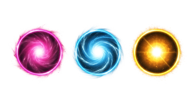 A vibrant collection of three magical orbs, each swirling with unique energy and color, isolated on transparent background the left orb pulses with pink and magenta hues, the center radiates cool blue
