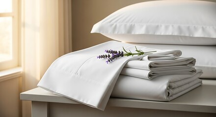 Pristine White Bed Linens Stacked with Lavender Sprig in Gentle Morning Light.