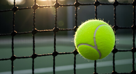 Dramatic Close-Up Of A Neon Green Tennis Ball Hitting The Net On A Sunlit Court, Capturing The Motion And Energy Of The Game
