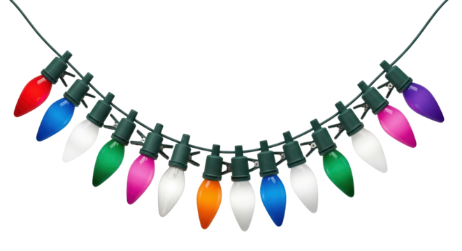 Isolated string of colorful C7 LED Christmas lights for seasonal decoration with a green cord