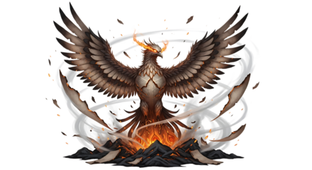 A majestic phoenix rising from the ashes with wings spread wide, surrounded by smoke and fire, isolated on transparent background the bird embodies rebirth, transformation, and resilience in a dramati
