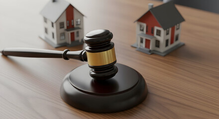 Real Estate Law And Justice: A Gavel Placed On A Wooden Desk With House Models Illustrating Property Auctions And Legal Decisions For Buyers And