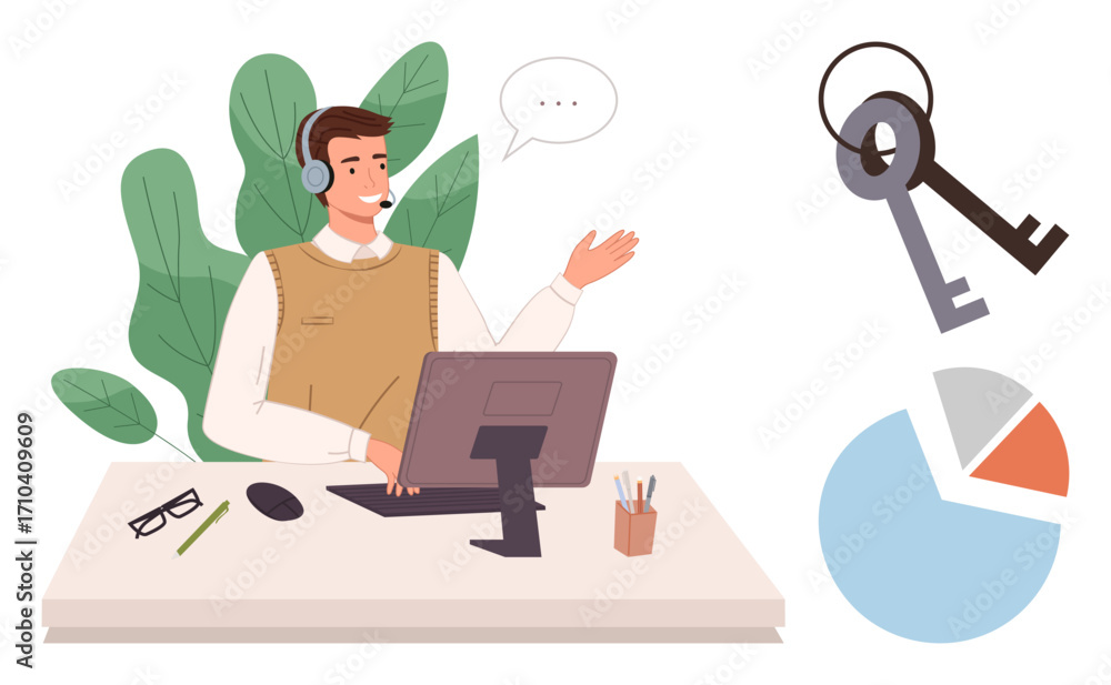 Aufkleber man in headset at desk assisting clients, surrounded by keys and pie chart. ideal for customer suppo