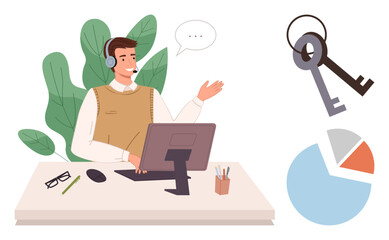 Man in headset at desk assisting clients, surrounded by keys and pie chart. Ideal for customer support, remote work, online communication, business analytics, technology, professional coaching