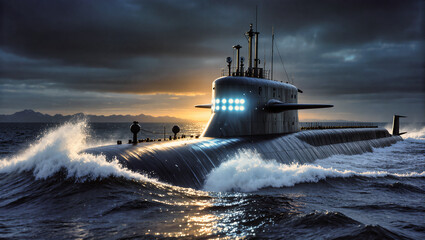 Fototapeta premium Military submarine surfacing in rough seas at sunset, with waves crashing against its hull under dramatic skies.