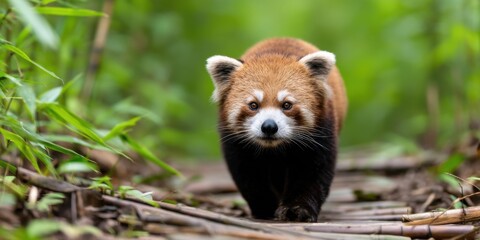 Fototapeta premium Bamboo Panda Harmony Concept. A small mammal walking on a path in a lush green environment.