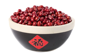Organic Red Adzuki Beans in Traditional Chinese Bowl - Healthy Whole Grains for Cooking