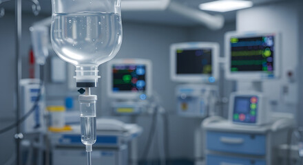 Intravenous Drip Suspended in a Hospital Setting Surrounded by Advanced Medical Monitoring Equipment in an Intensive Care Unit