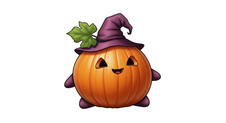 Isolated Cute Halloween Pumpkin Wearing Witch Hat with Leaf, a Spooky Autumn Graphic