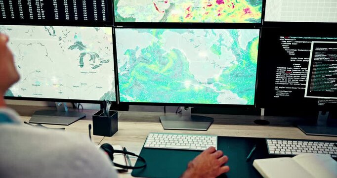 Computer screen, hand and climate with man in office to monitor geology, meteorology or weather. Display, satellite and search with person in airport control room for air traffic forecasting