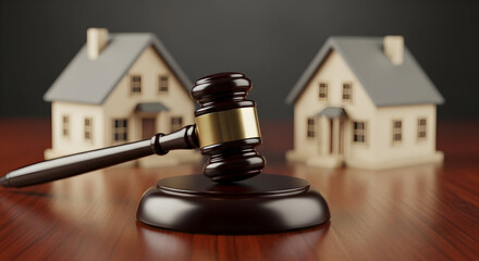 Gavel And Model Houses Representing Real Estate Law And Judicial Decisions Impacting Property Ownership In A Legal Context