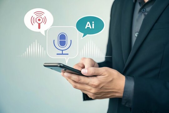 Man using smartphone with ai voice assistant and microphone icons for digital communication and technology concept