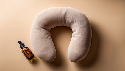 Spa Neck Pillow And Essential Oil Bottle On Beige Surface