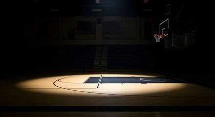 Isolated Spotlight Shines On A Basketball Court Highlighting The Hoop And The Smooth Wooden Floor In An Empty Gym Ready For Action