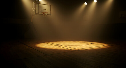 Dramatic Spotlight On An Empty Basketball Court In A Dark Arena With Subtle Lights Creating A Sense Of Anticipation And Excitement