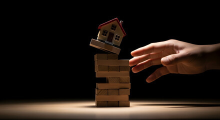 Careful Hand Balancing House on Wooden Jenga Tower Symbolizing Risk and Stability in Play and Construction Game Design Concept