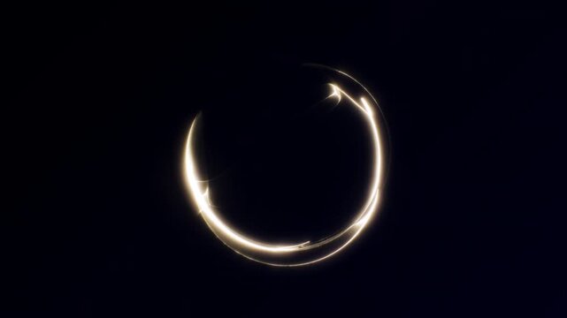 Golden abstract sphere made of glowing light lines and dots with dynamic energy movement. Futuristic sci-fi seamless loop 4K background on black.