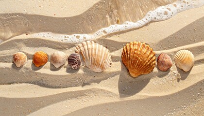 Assorted Seashells on Sandy Beach with Ocean Wave at Sunny Day