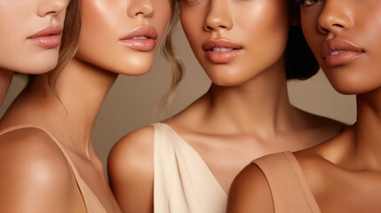 Four diverse skin models with smooth glowing skin and natural makeup posing closeup in beige clothing with soft lighting