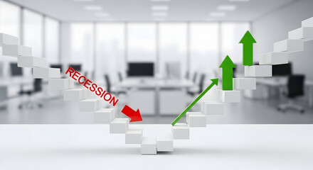 Business Growth and Economic Trends: Symbolizing Recession and Recovery with Graphs and Statistics in Modern Office Setting